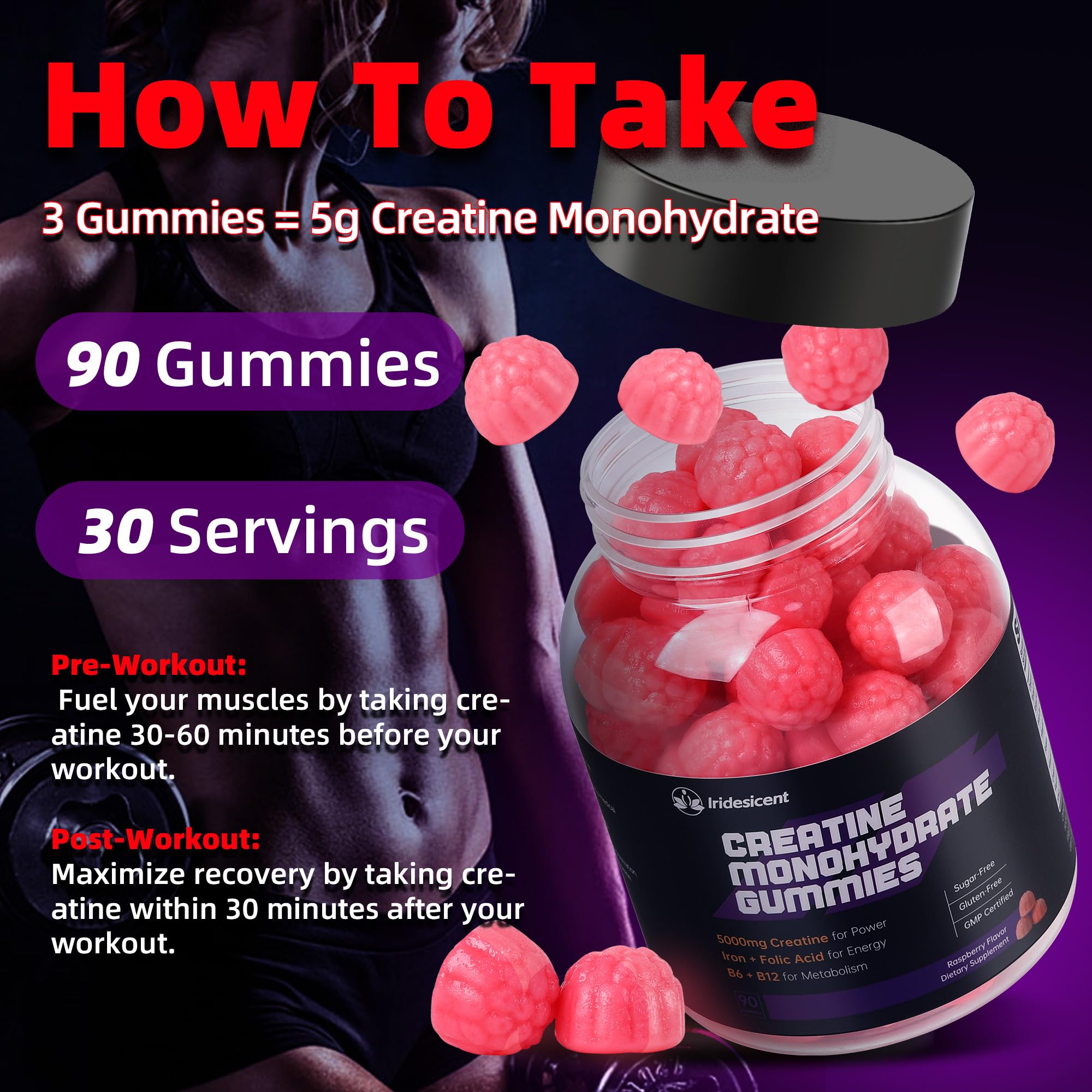 Iridesicent Creatine Gummies vegan and gluten-free certification labels for inclusive nutrition.