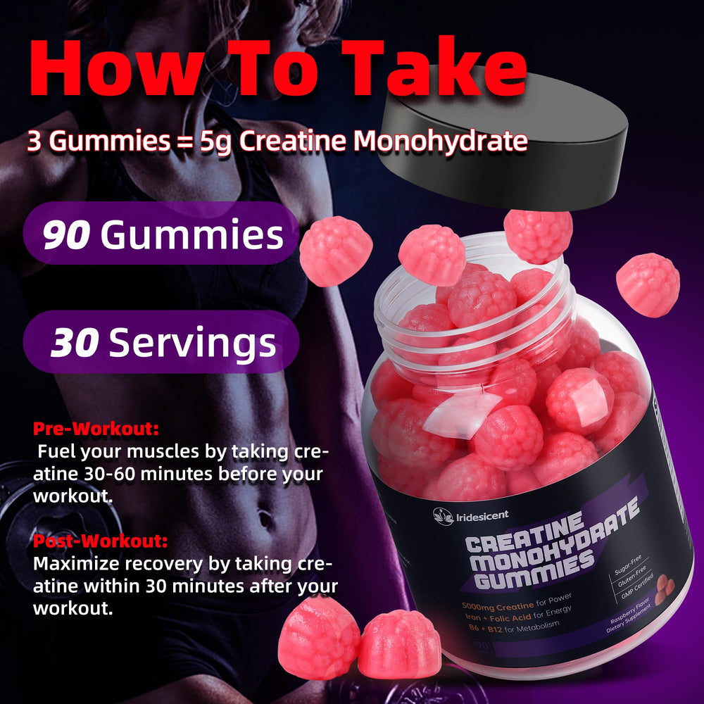 Iridesicent Creatine Gummies vegan and gluten-free certification labels for inclusive nutrition.