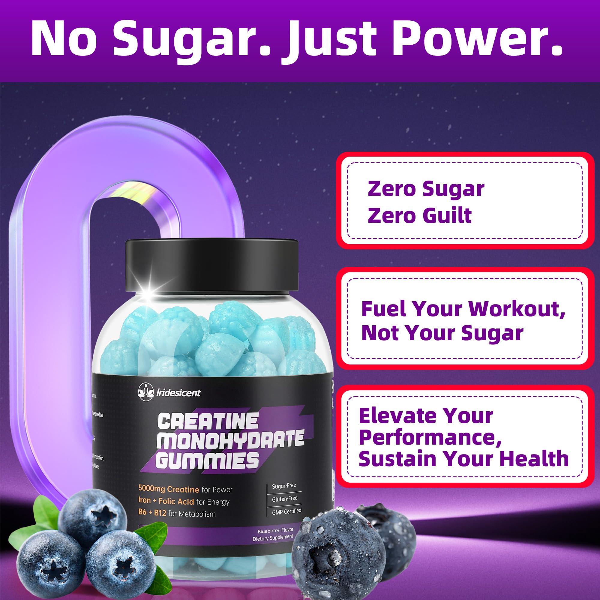 Iridesicent Creatine Gummies being used during workout for recovery support
