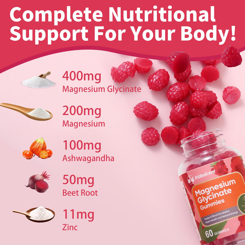 IRIDESICENT bottle highlights Ashwagandha and Beetroot ingredients for daily wellness.