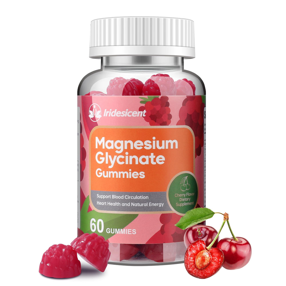 IRIDESICENT Magnesium Glycinate Gummies cherry bottle for relaxed evenings.
