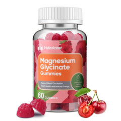 IRIDESICENT Magnesium Glycinate Gummies cherry bottle for relaxed evenings.