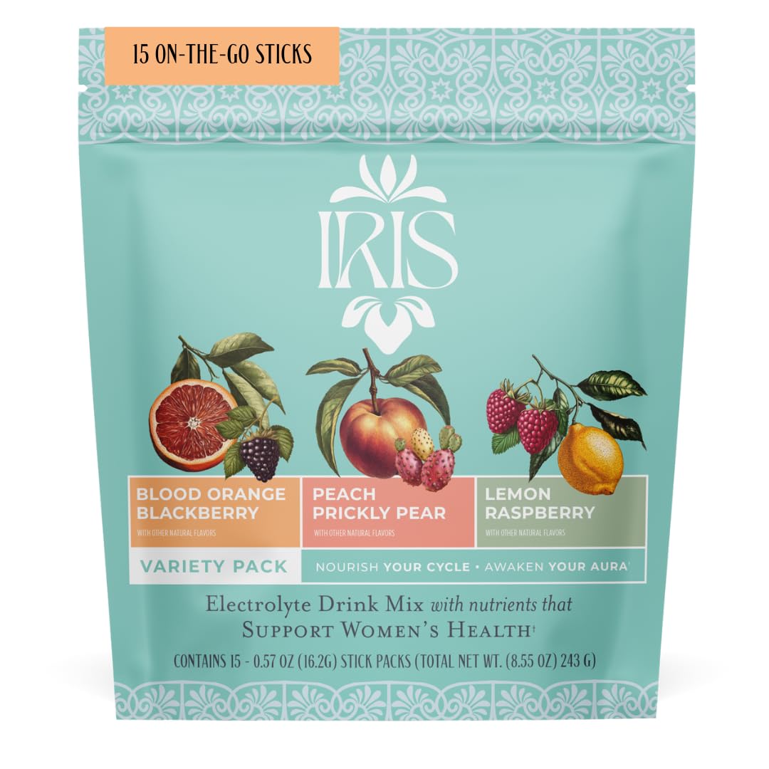 Iris Hormone Health Electrolyte Drink Mix packaging displays 15 packets for daily hydration.