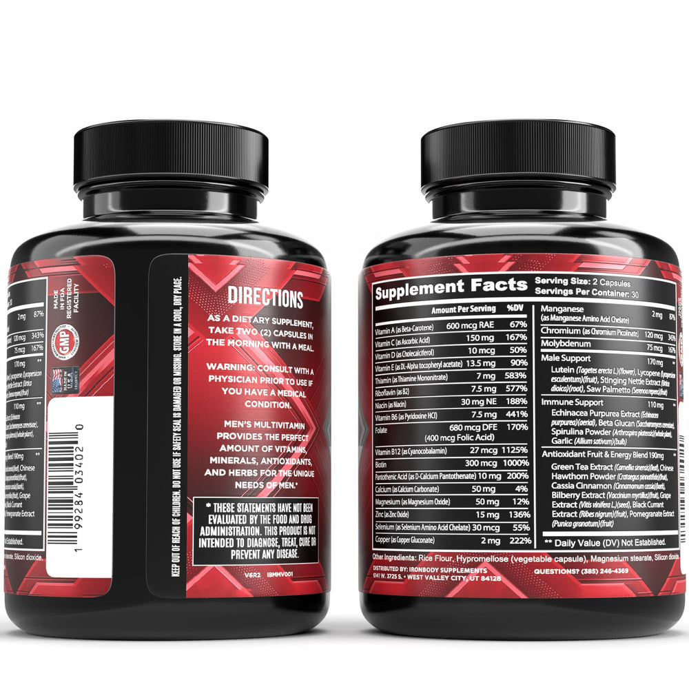IronBody Men's Essentials capsules highlighting easy daily support for energy and muscle function