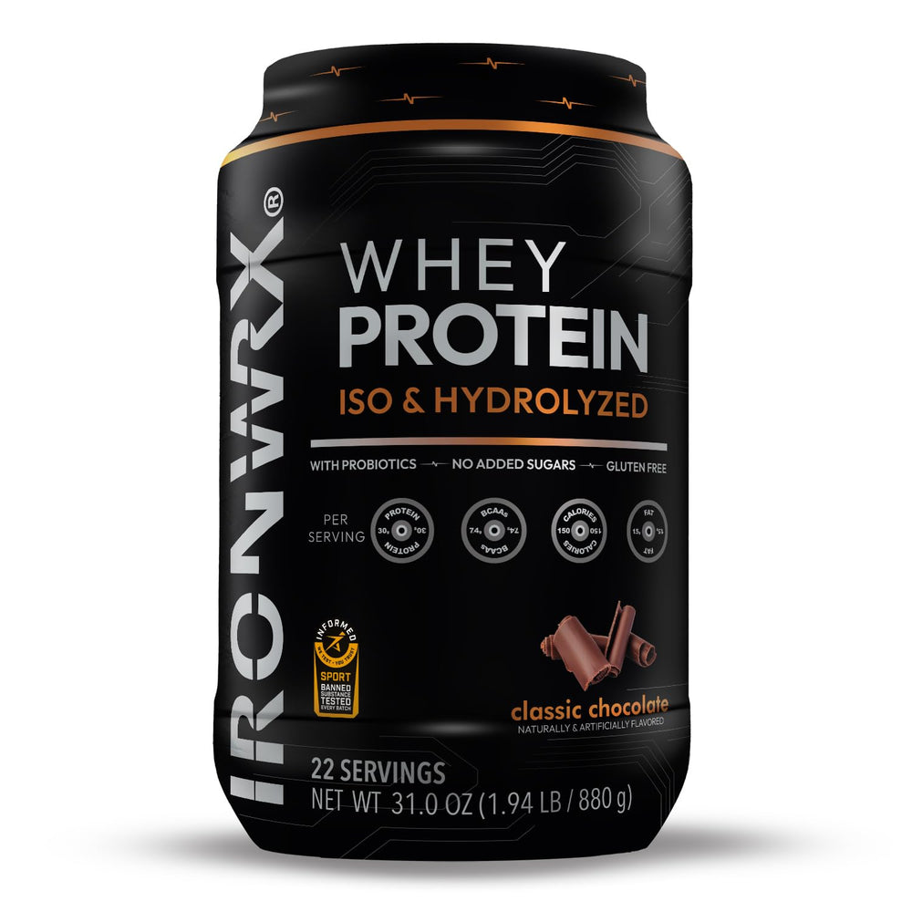 IRONWRX Classic Chocolate whey tub highlighting hydrolyzed protein for lean muscle support.