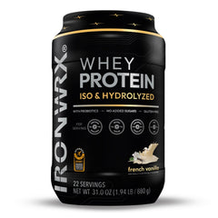 IRONWRX hydrolyzed whey isolate French Vanilla powder close-up showing premium protein source for exercise recovery.