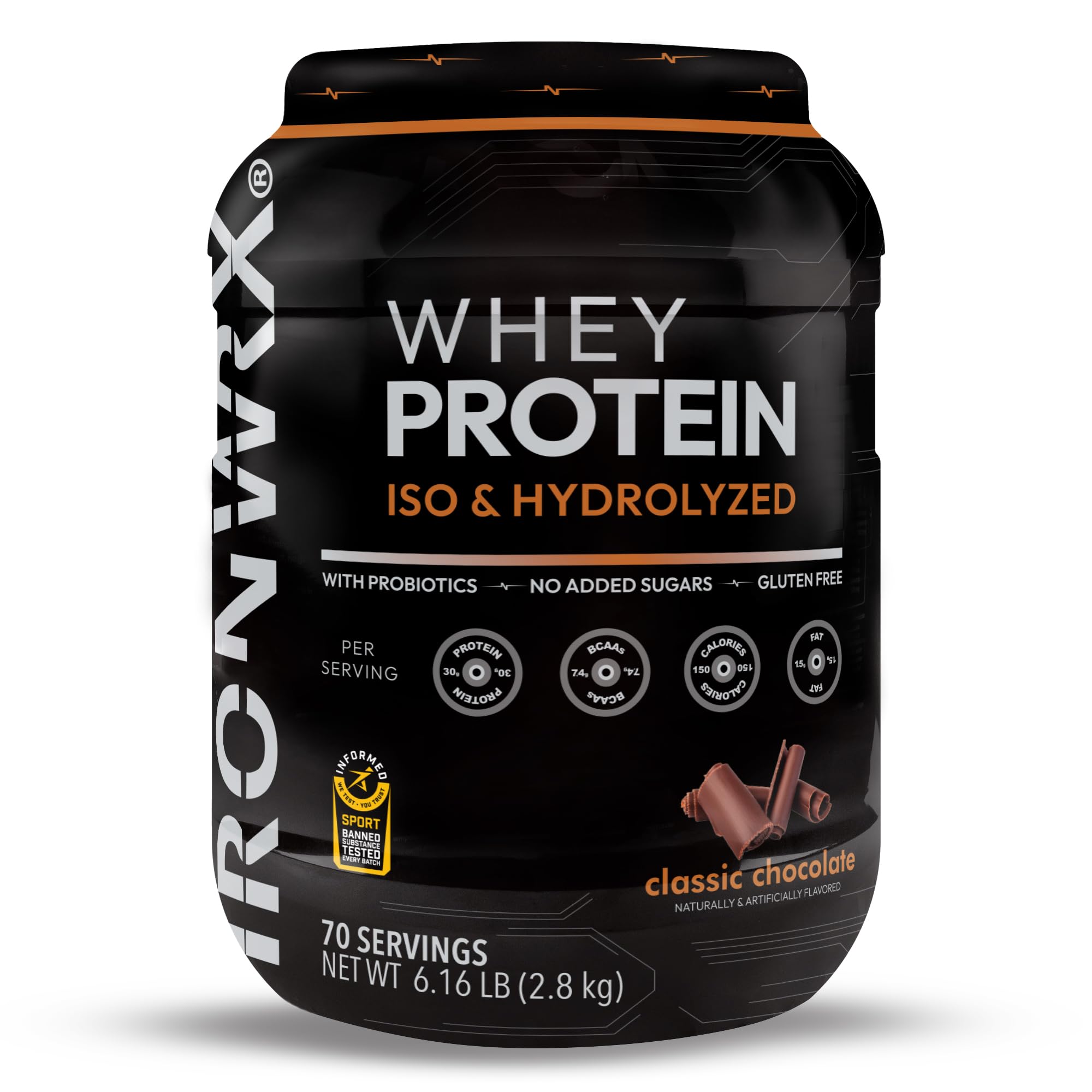 IRONWRX hydrolyzed whey powder in classic chocolate for fast post-workout recovery.
