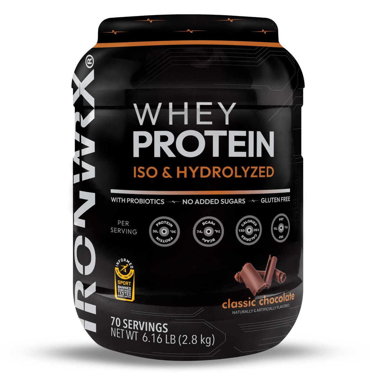 IRONWRX hydrolyzed whey powder in classic chocolate for fast post-workout recovery.