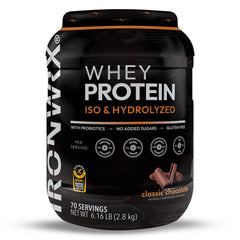IRONWRX hydrolyzed whey powder in classic chocolate for fast post-workout recovery.