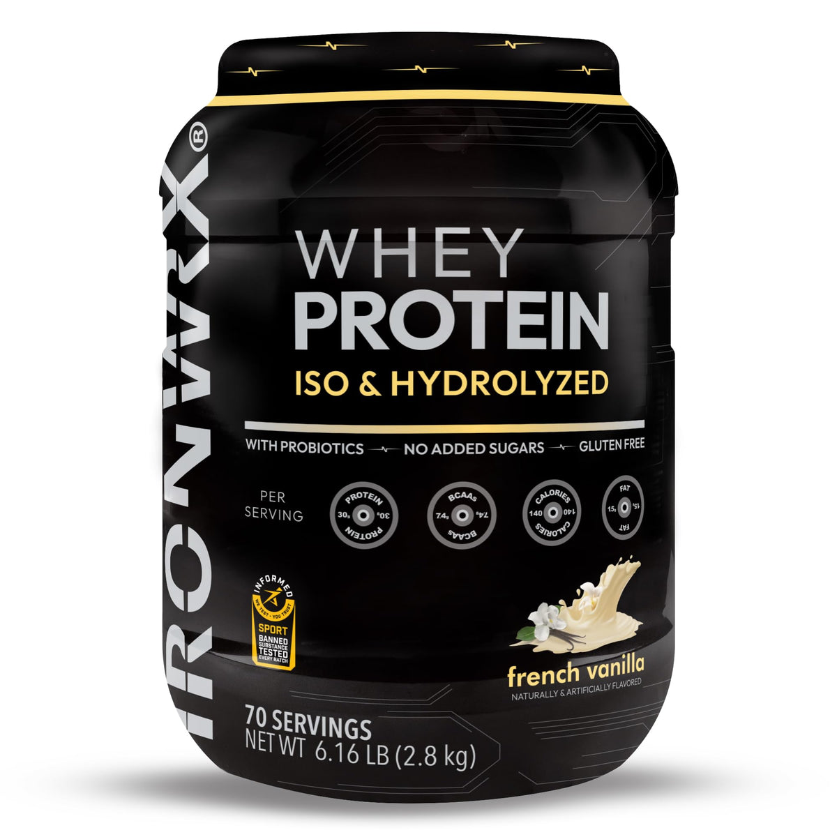 IRONWRX hydrolyzed whey vanilla powder for fast absorption and muscle support.