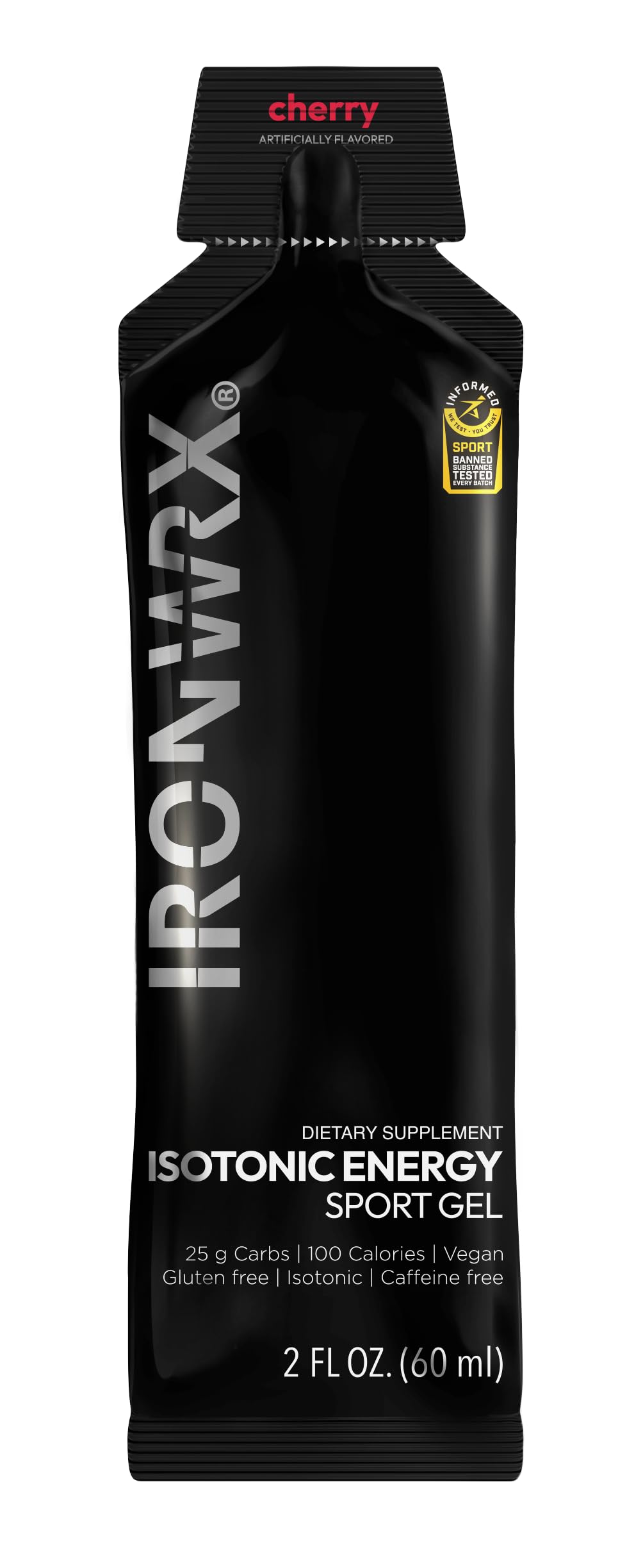 IRONWRX Isotonic Energy Gels cherry ingredients shown, gluten-free and easy to digest