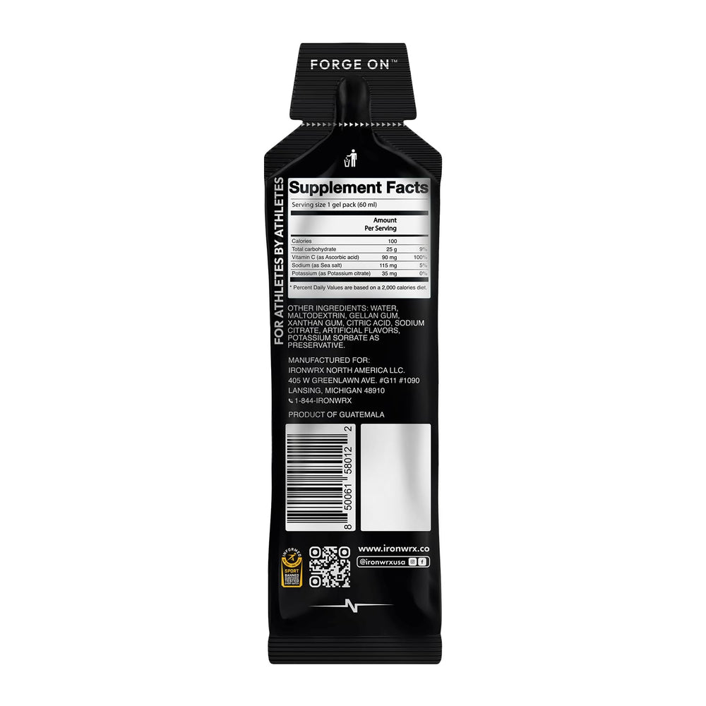 IRONWRX Isotonic Energy Gels cherry pack held during a workout for convenient fueling