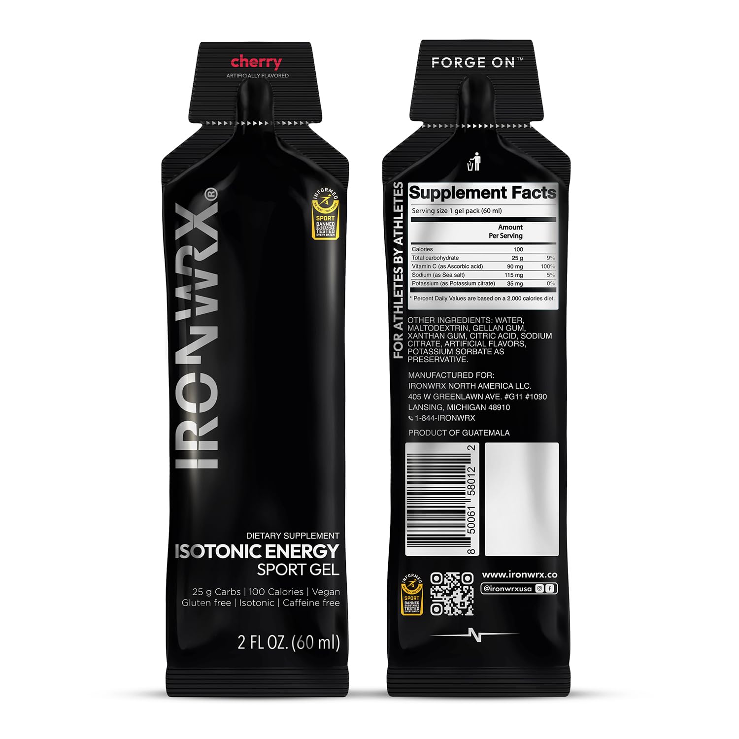 IRONWRX Isotonic Energy Gels cherry tube close-up, ideal for fast energy during runs