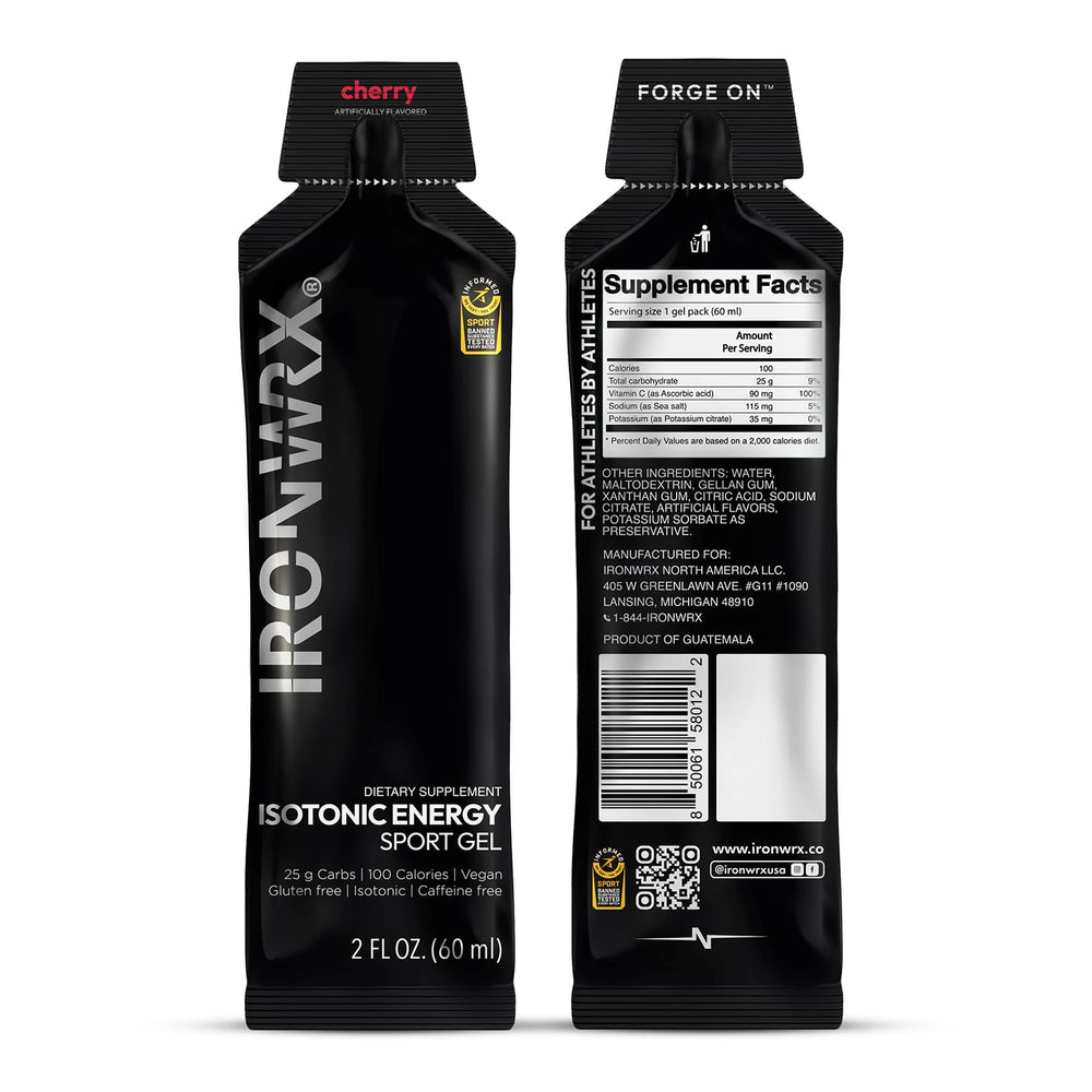 IRONWRX Isotonic Energy Gels cherry tube close-up, ideal for fast energy during runs