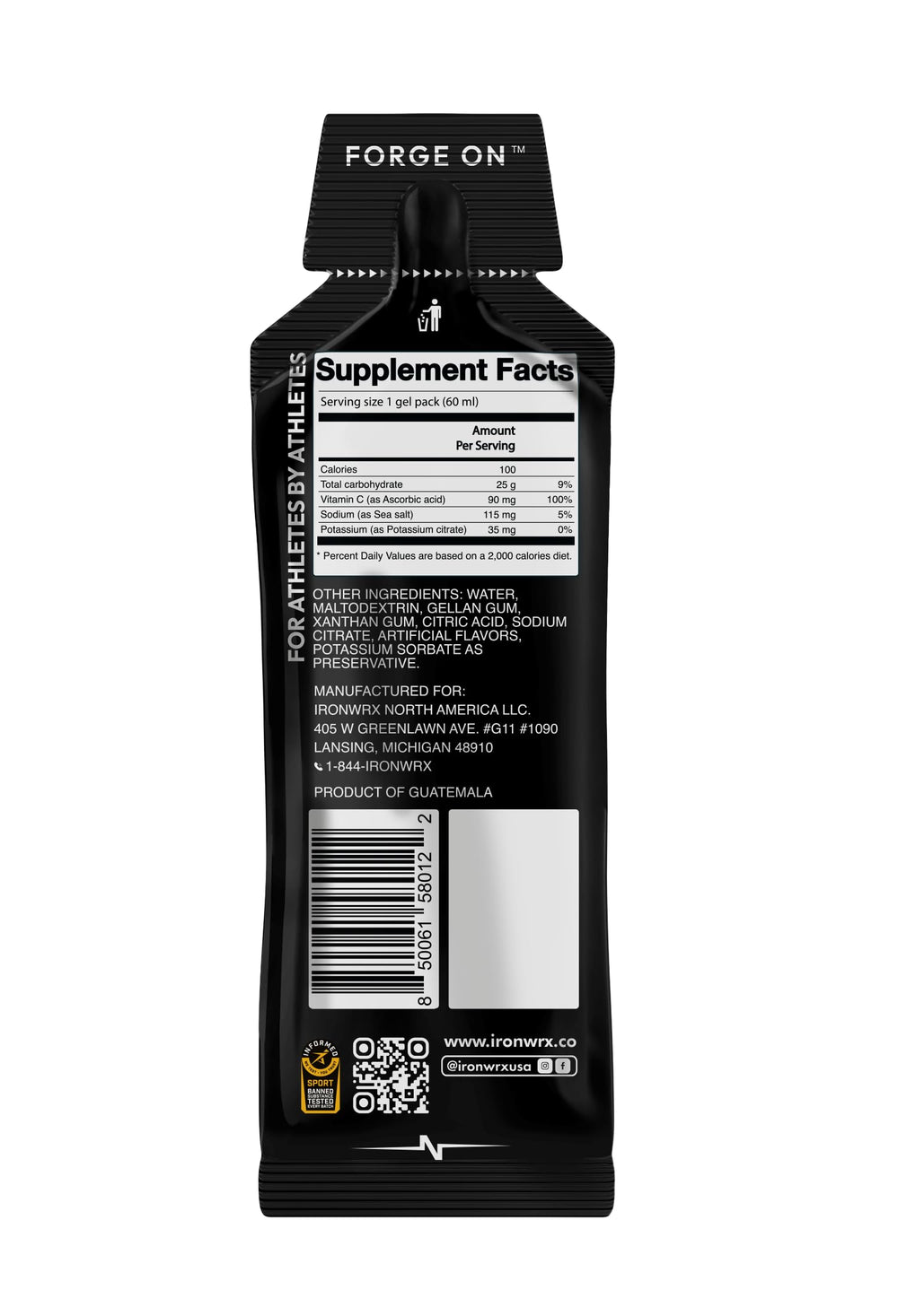 IRONWRX Isotonic Energy Gels Lemon Lime pack with electrolytes for balance.