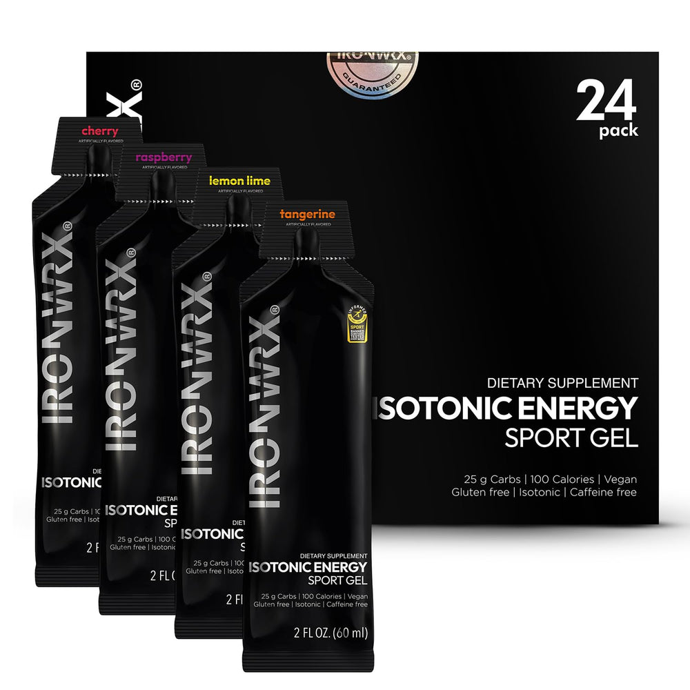 IRONWRX Isotonic Energy Gels Raspberry pack for on-the-go energy and hydration.