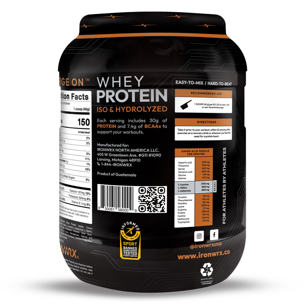 IRONWRX whey bottle pour showing convenient mix with water or beverage.