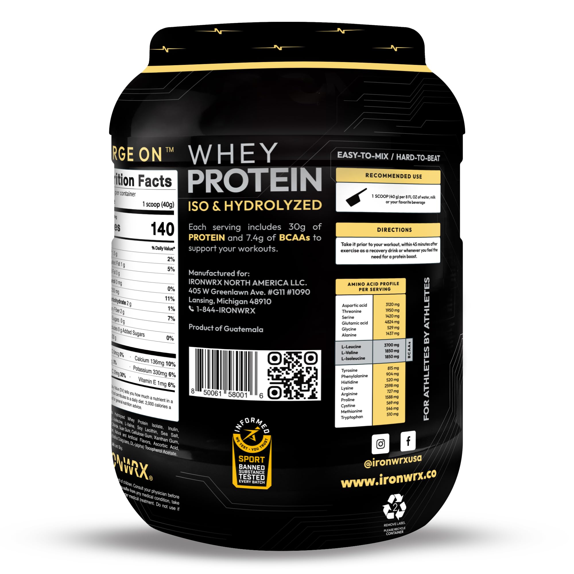 IRONWRX isolate bottle label highlighting vanilla flavor and purity.