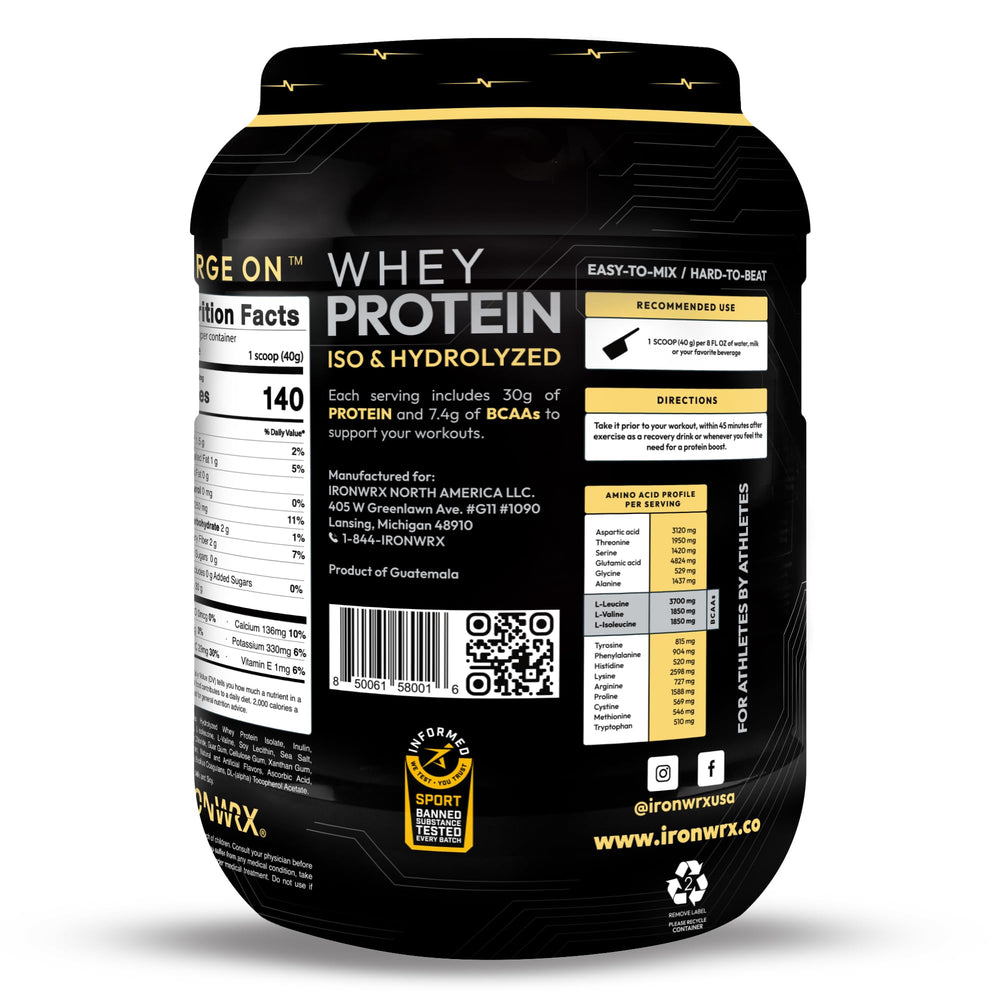 IRONWRX isolate bottle label highlighting vanilla flavor and purity.