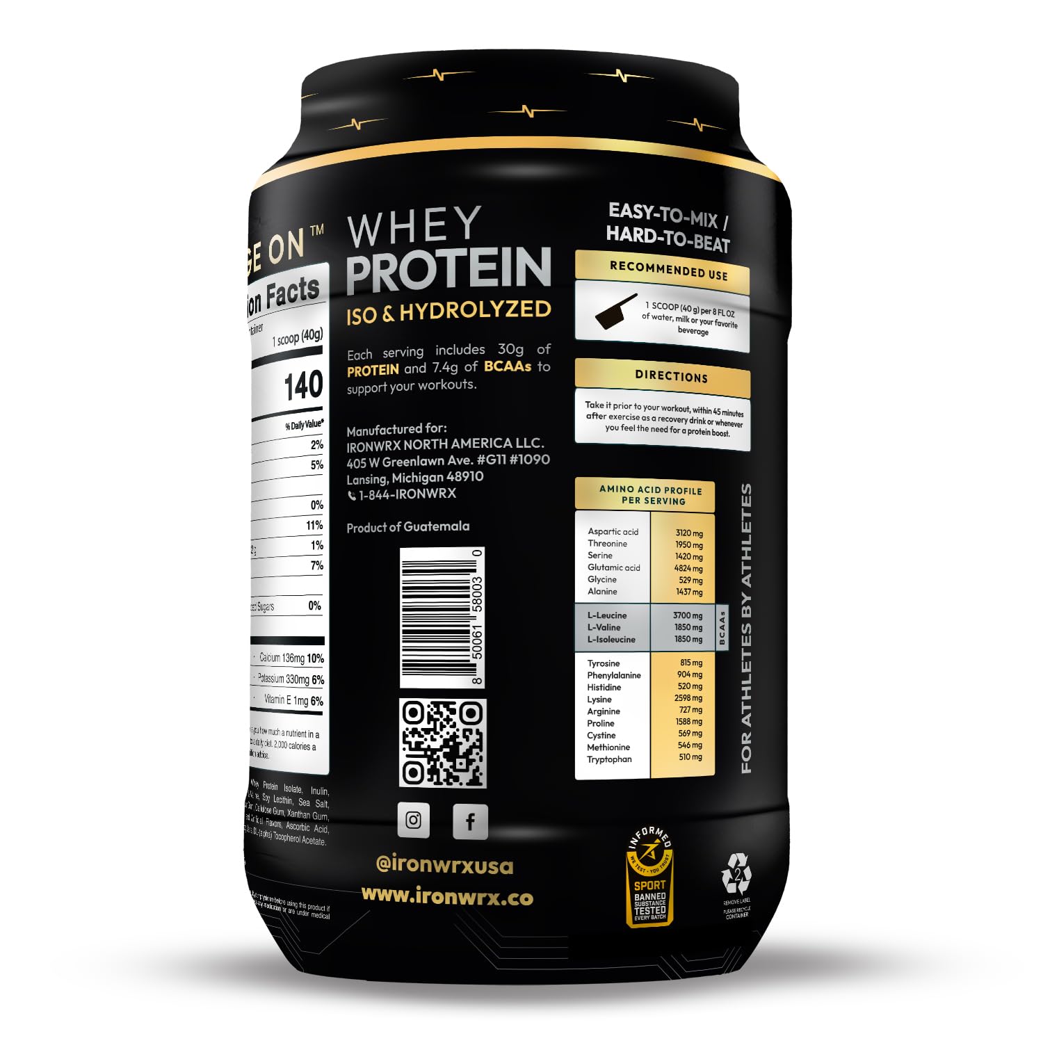 IRONWRX scoop in glass demonstrates fast-absorbing protein ideal for post-workout refueling.