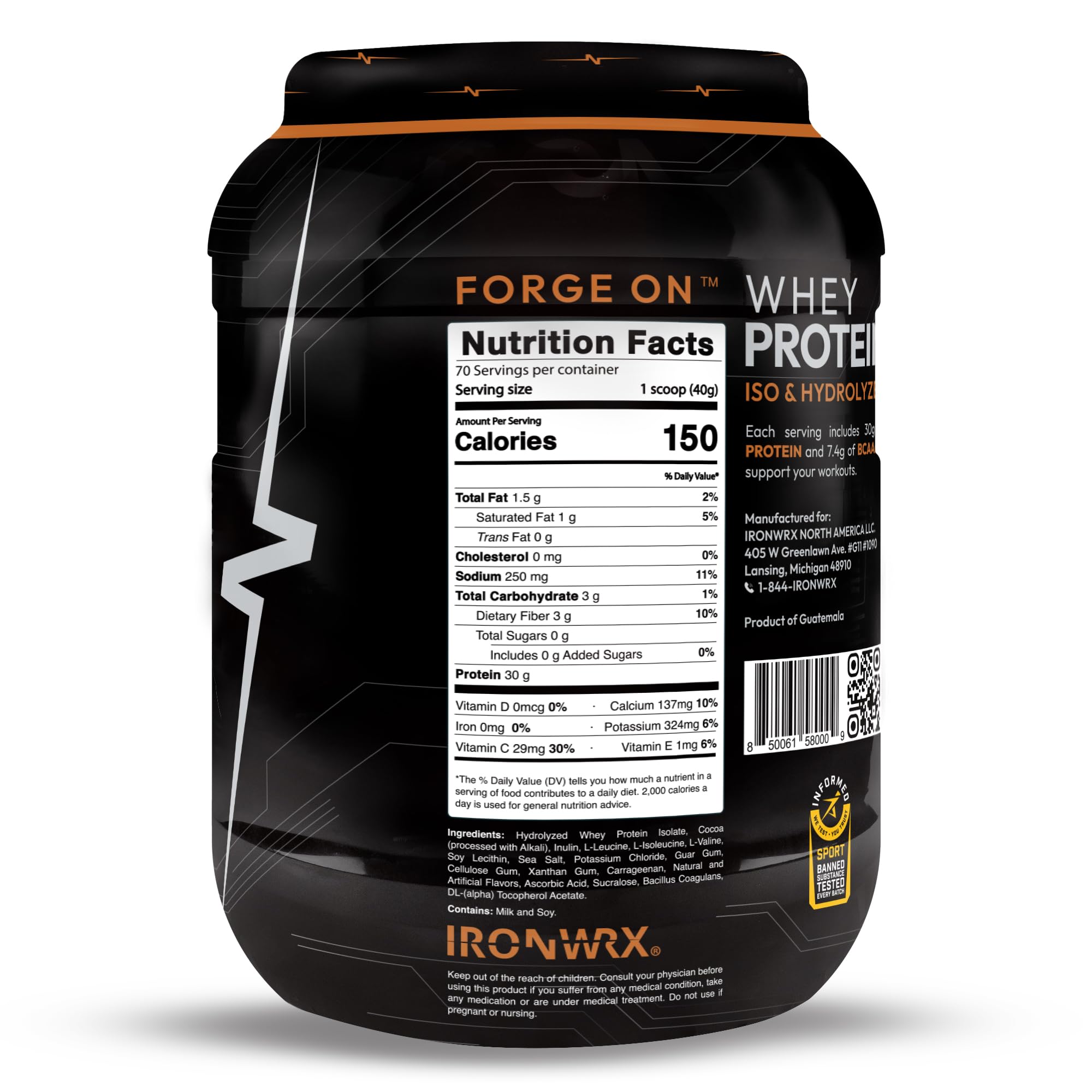 IRONWRX whey protein scoop with measurement for easy daily protein intake.