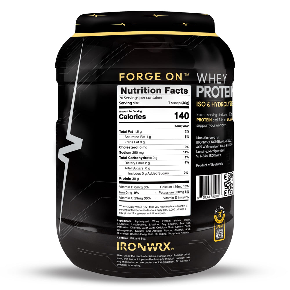 IRONWRX whey protein scoop showing precise portion for daily protein intake.