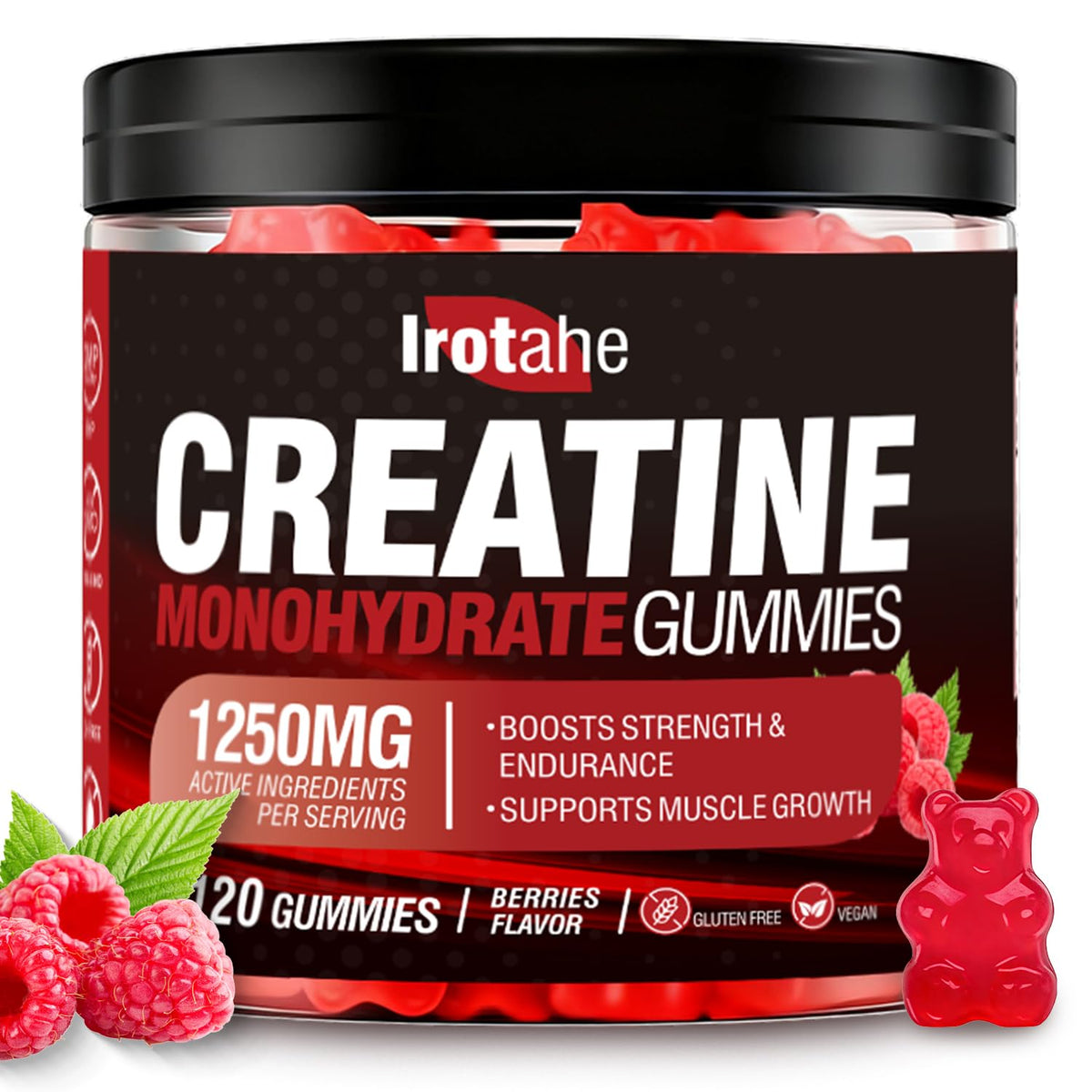 Irotahe Creatine Monohydrate Gummies bottle on gym mat, supporting daily strength goals.