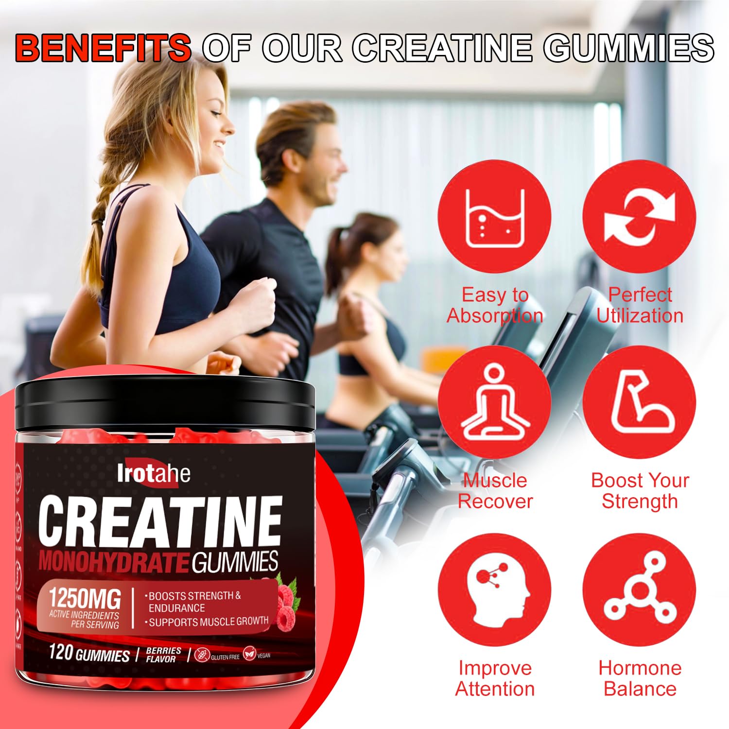 Irotahe Creatine Monohydrate Gummies Raspberry flavor offering a tasty post‑workout option.