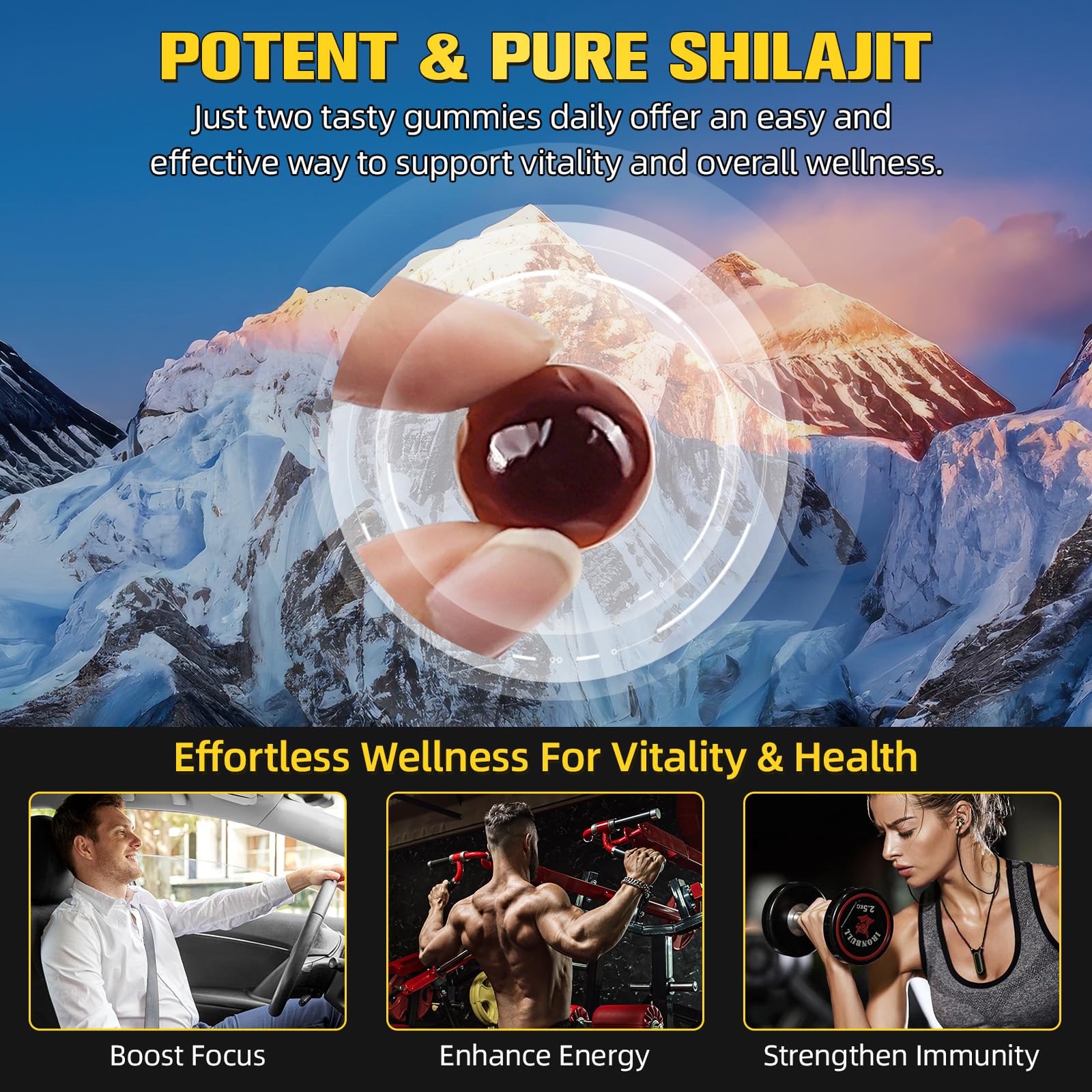 IRSRDOQU Shilajit Gummies packaging highlights gluten-free formula.