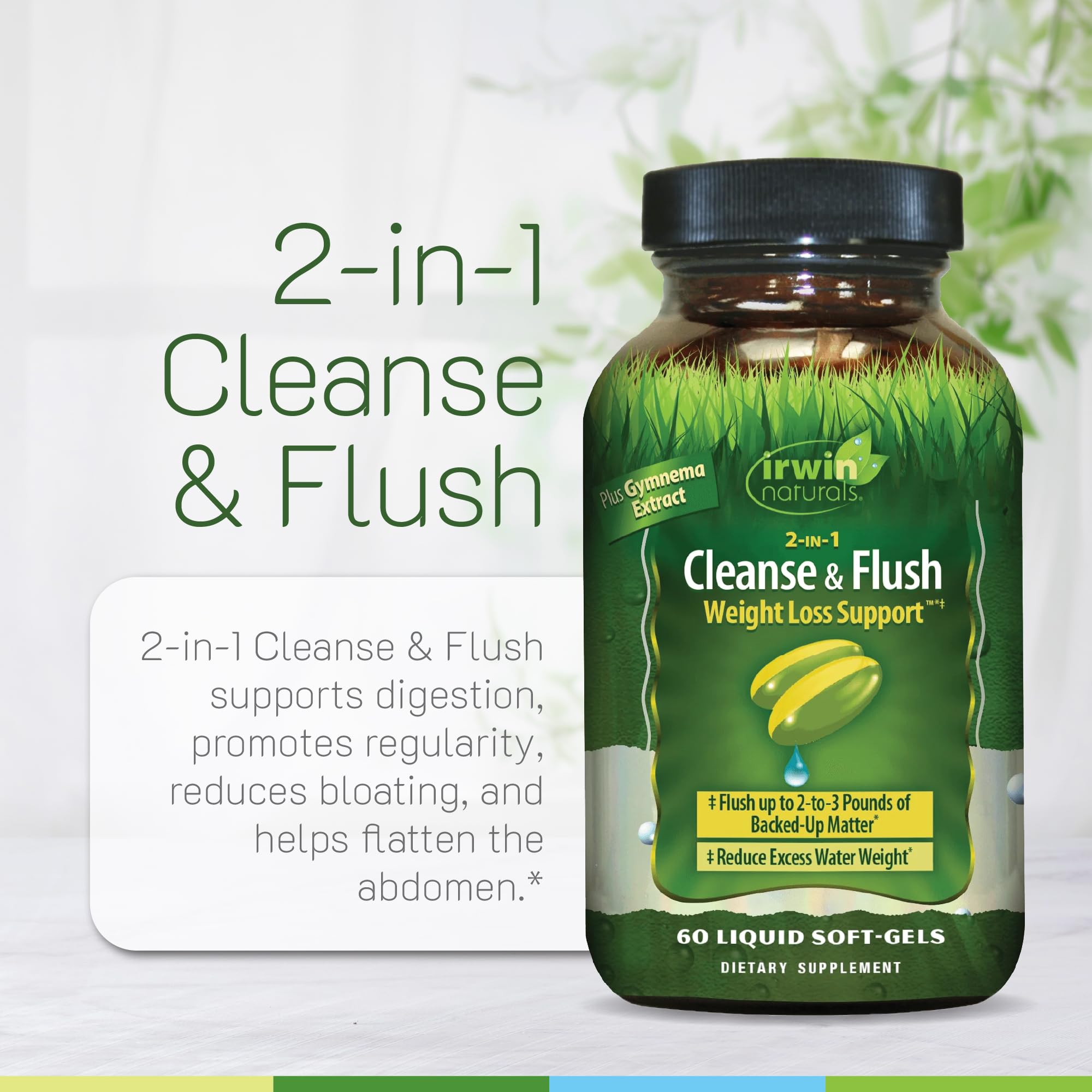 Irwin Naturals 2-in-1 Cleanse bottle label on glossy packaging demonstrates quality.