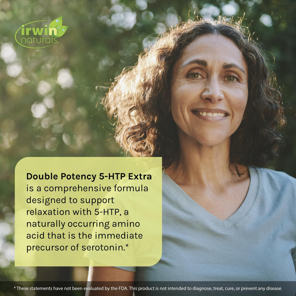 Irwin Naturals 5-HTP Extra soft-gels close-up highlights smooth, easy-to-swallow design.