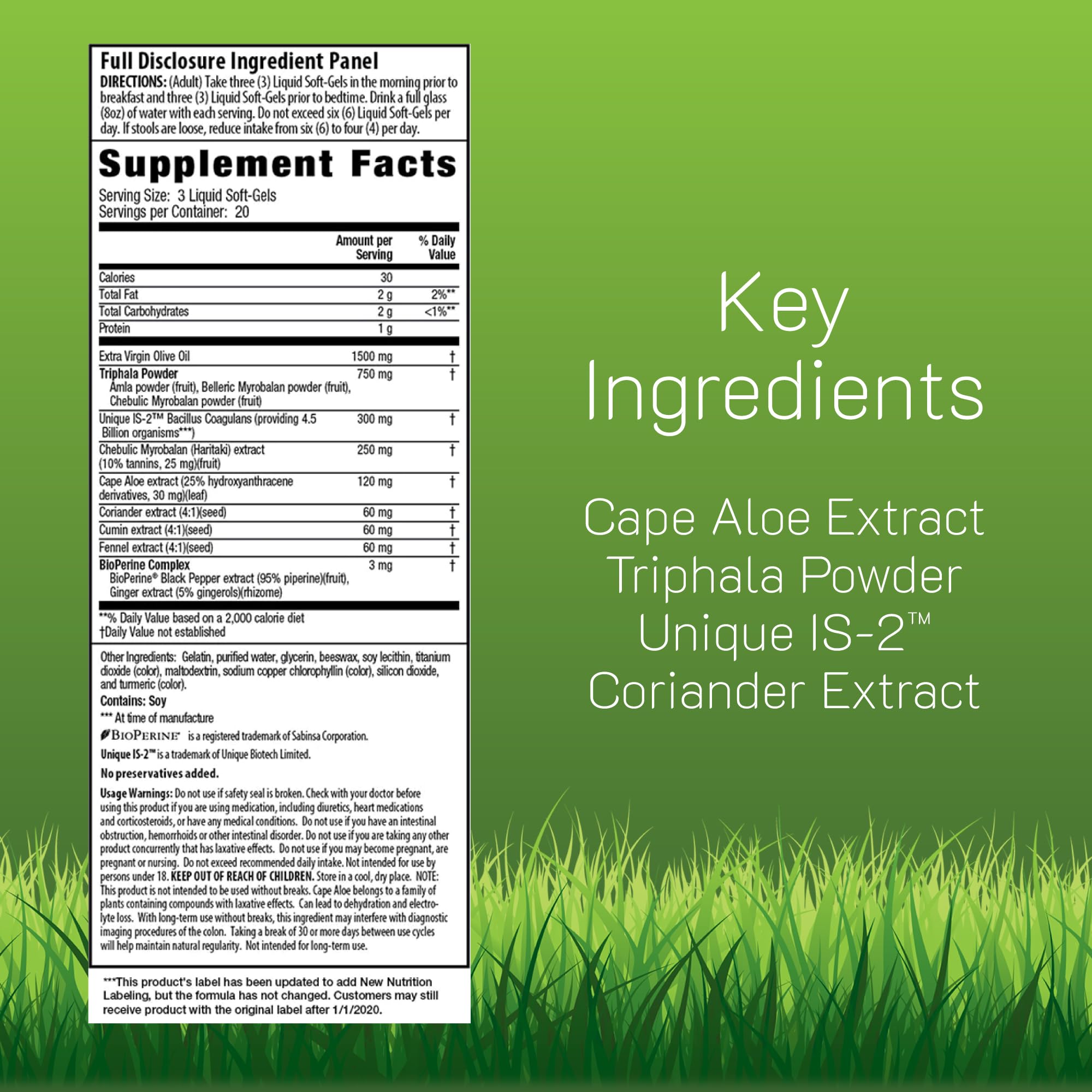 Irwin Naturals Aloe Triphala softgels close-up showing easy-to-swallow capsules