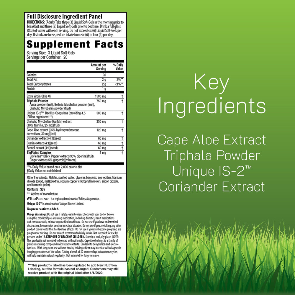 Irwin Naturals Aloe Triphala softgels close-up showing easy-to-swallow capsules