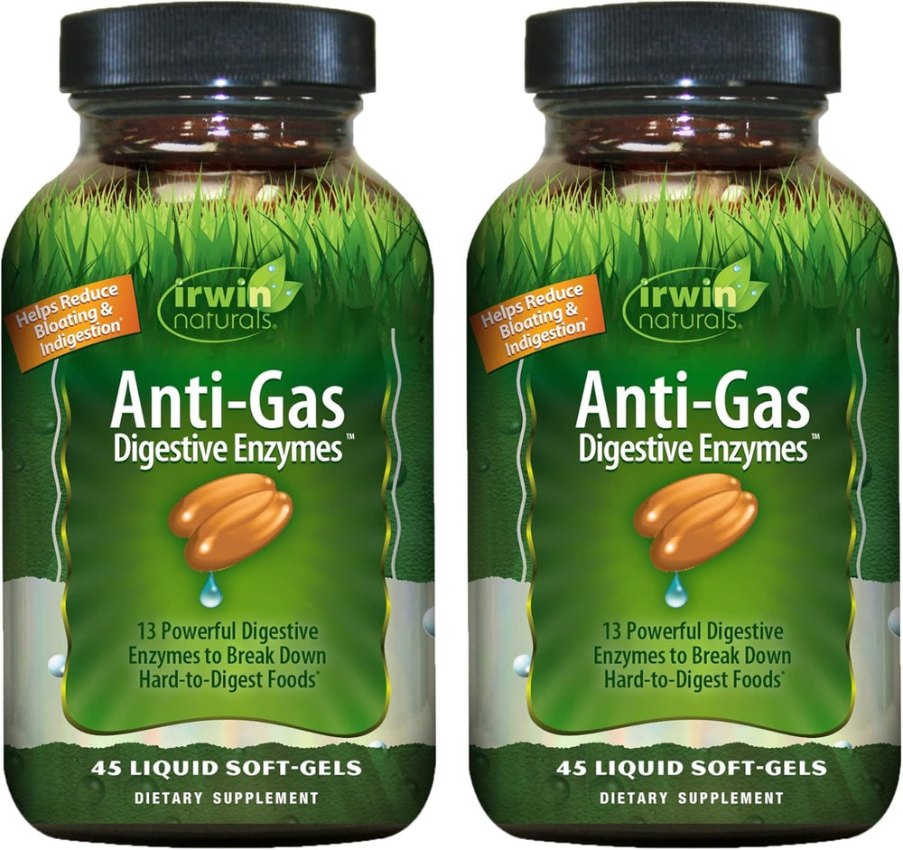 Irwin Naturals anti-gas digestive enzymes bottle promoting digestion and comfort.