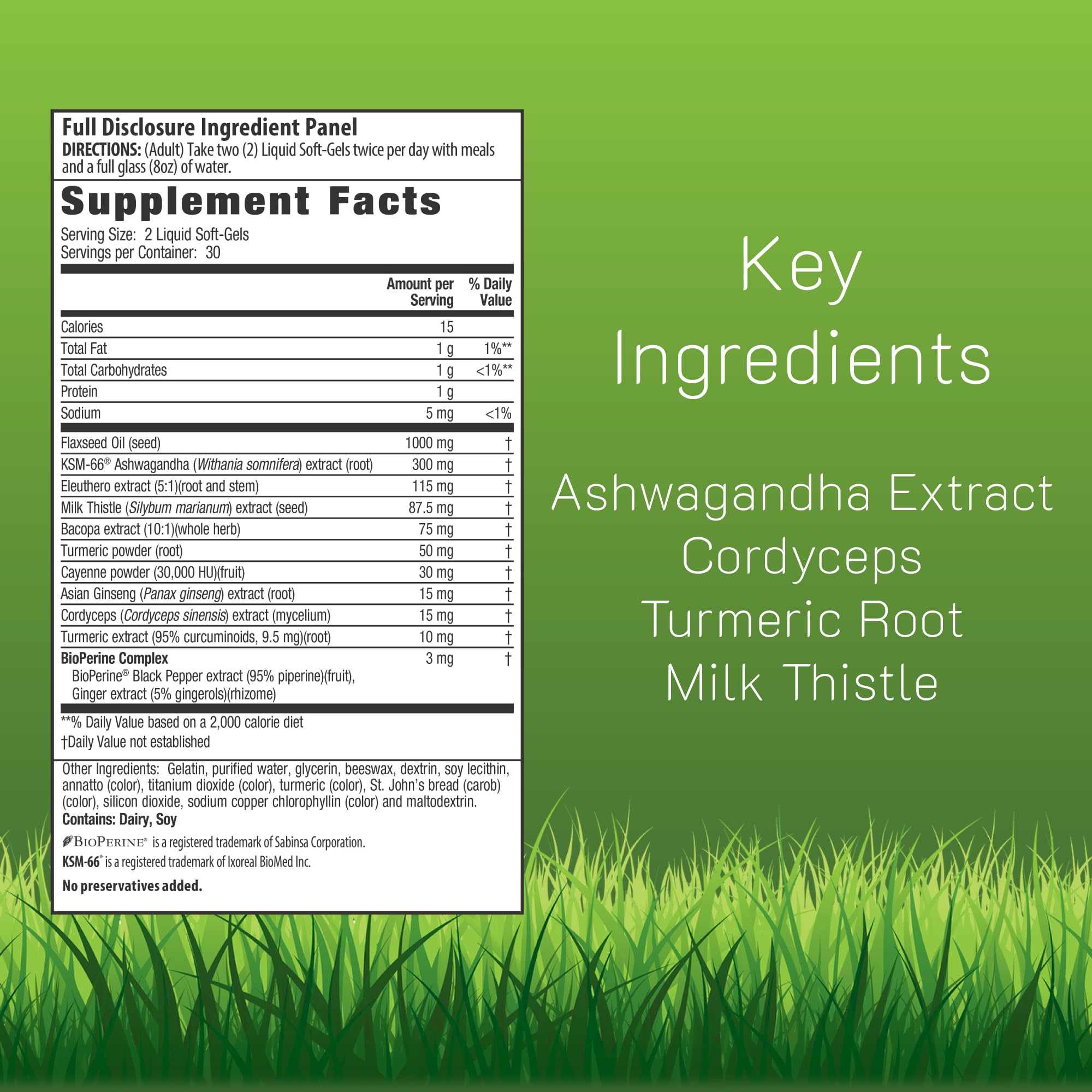 Close-up label on Irwin Naturals Ashwagandha Mind & Body softgels highlighting focus support.