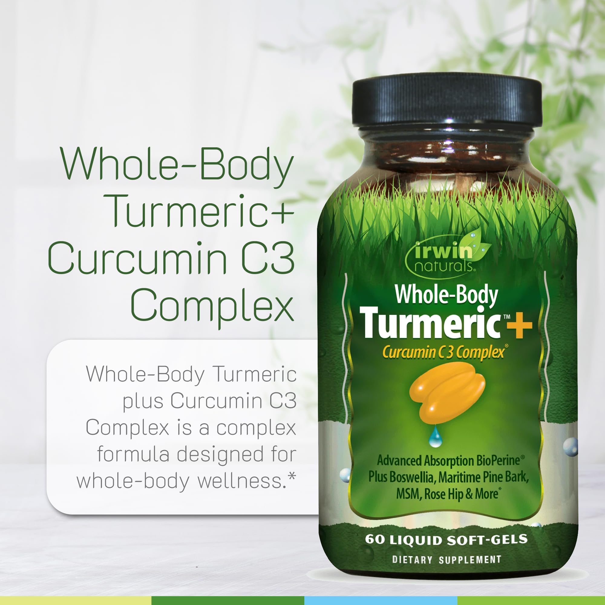 Irwin Naturals bottle label closeup shows 60 softgels and serving info.
