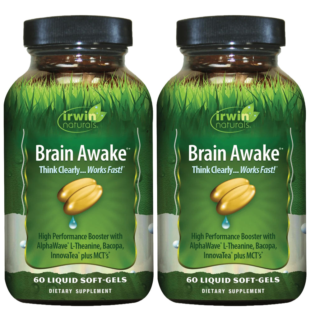 Irwin Naturals Brain Awake bottle with softgels for enhanced focus and mental clarity