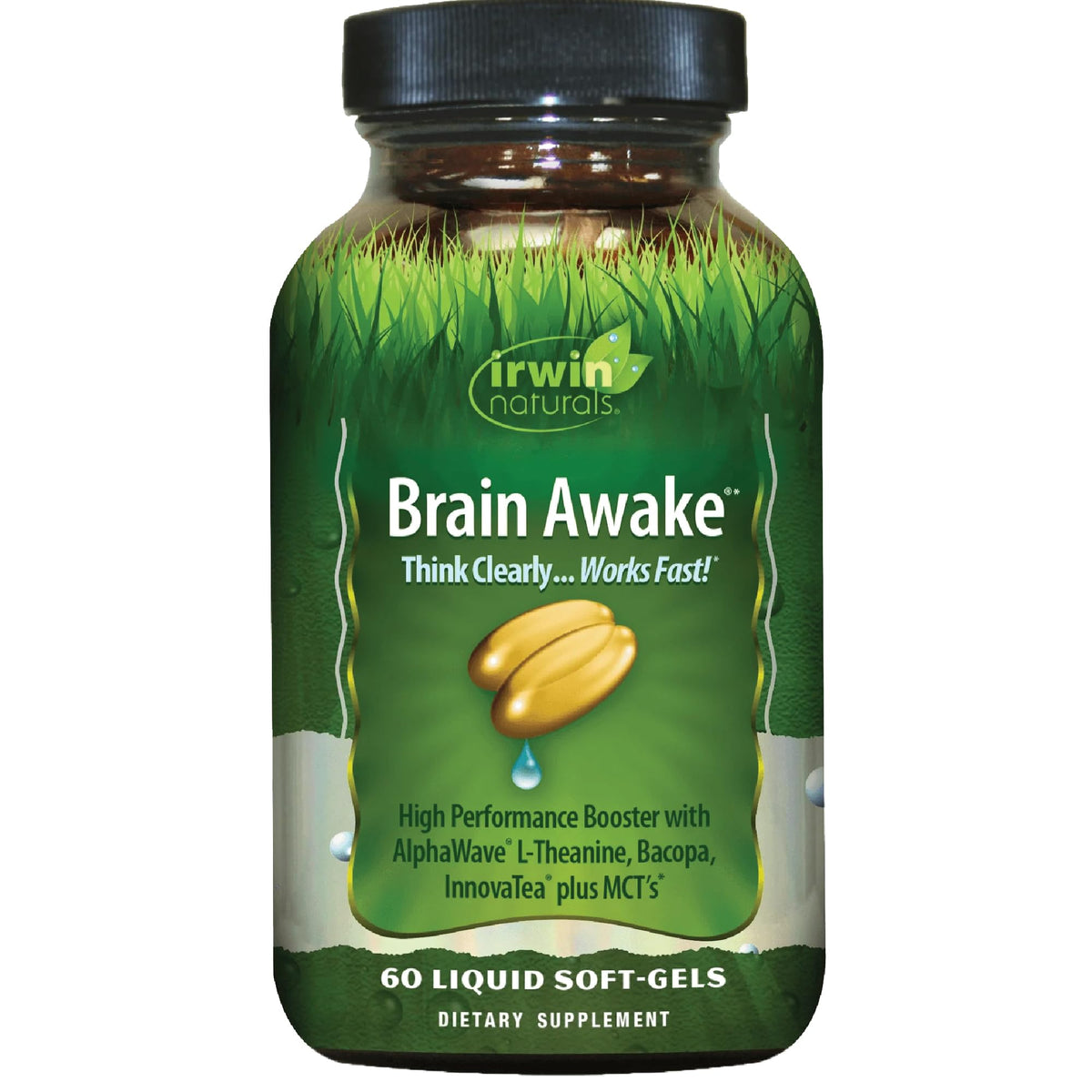 Irwin Naturals Brain Awake bottle on desk signaling focus potential