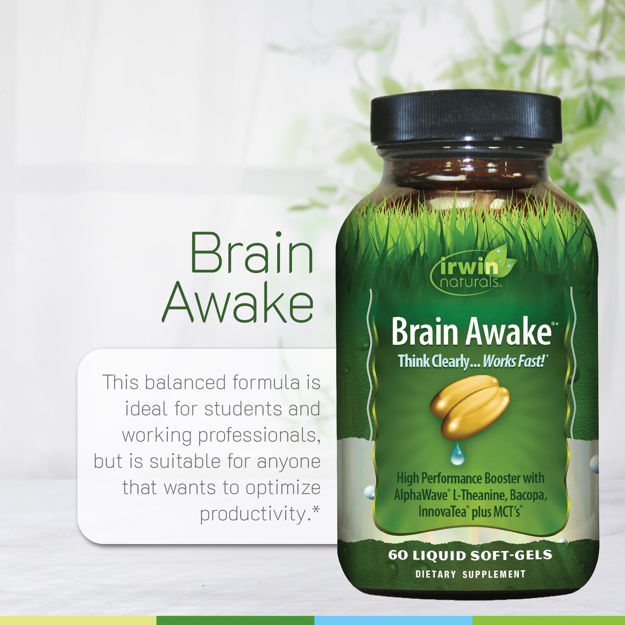 Irwin Naturals Brain Awake ingredients label conveying natural nootropic components