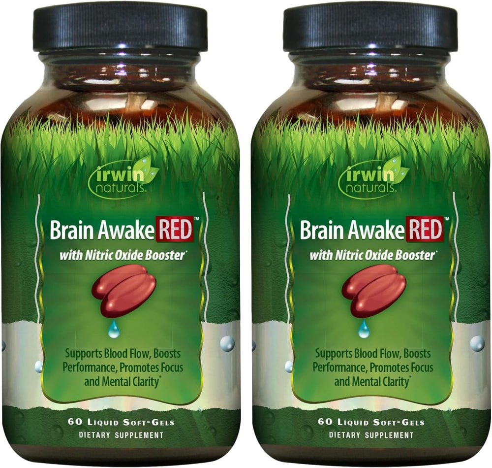 Irwin Naturals Brain Awake RED bottle, focused daytime energy support.