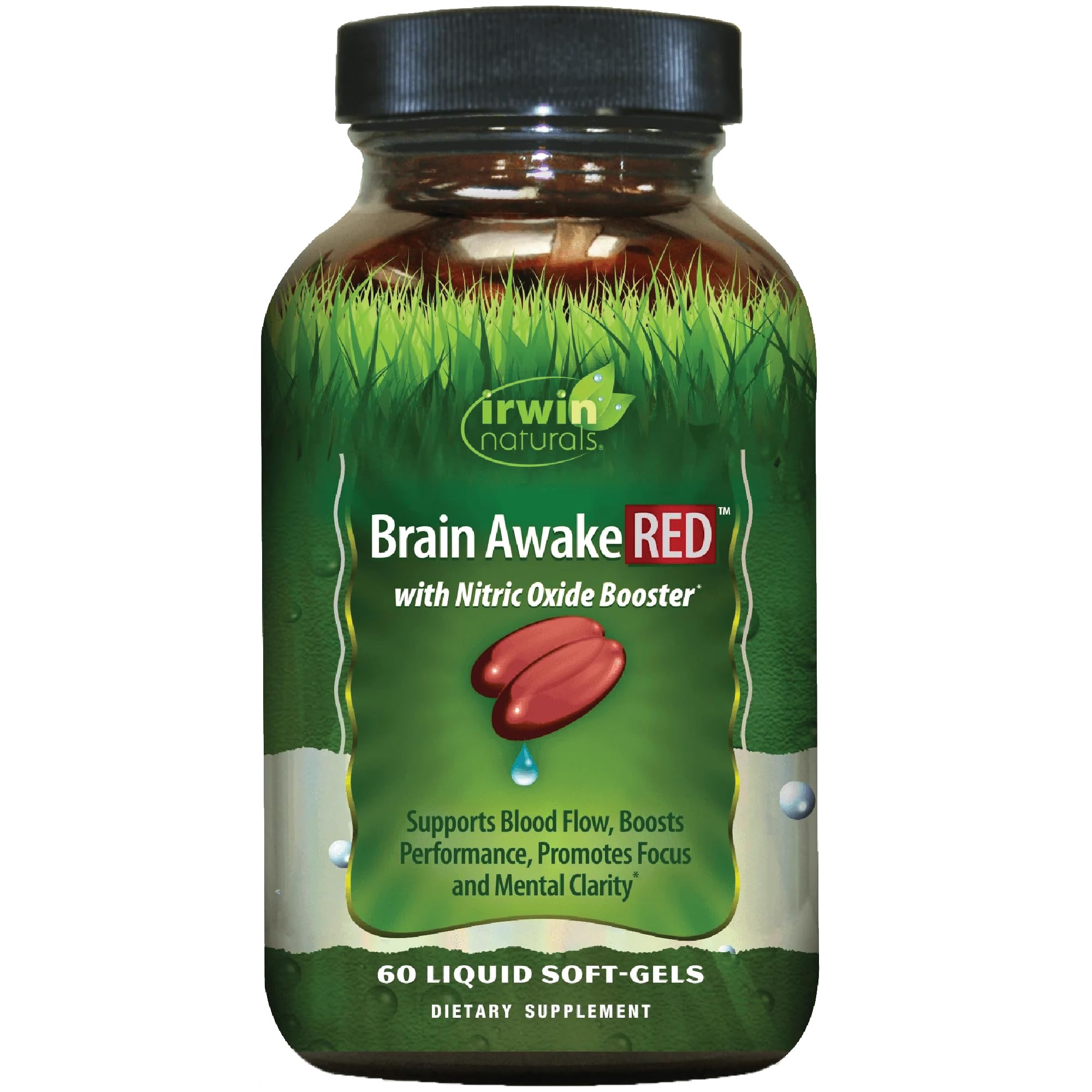 Irwin Naturals Brain Awake RED bottle close-up for focus support.