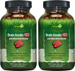 Irwin Naturals Brain Awake RED bottle, focused daytime energy support.