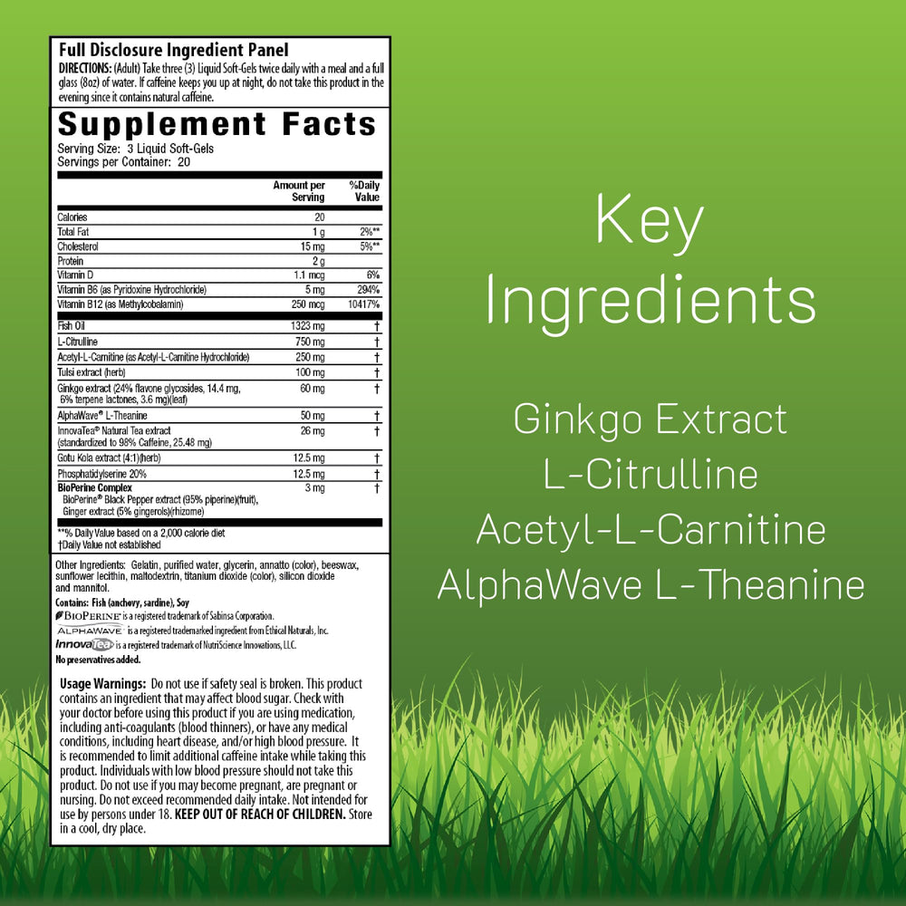 Irwin Naturals Brain Awake red softgels closeup, easy-to-swallow convenience.