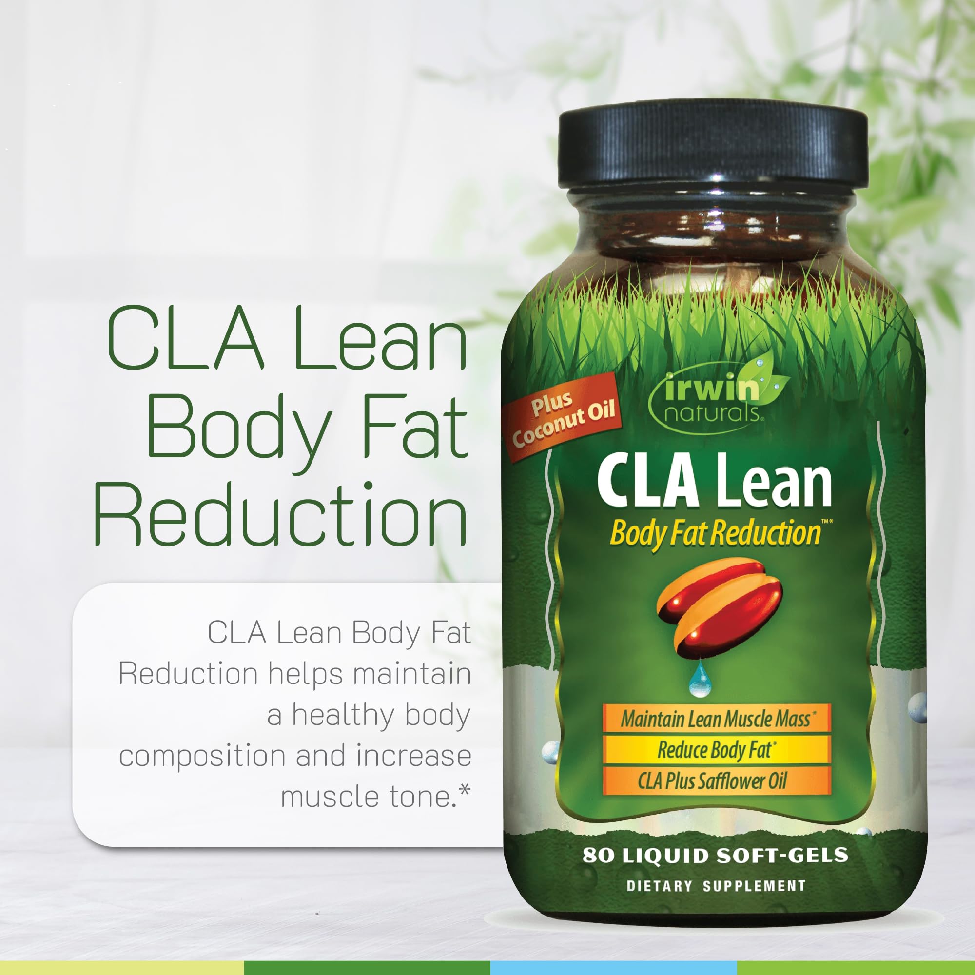 Packaging graphic of Irwin Naturals CLA Lean highlighting science-backed formula
