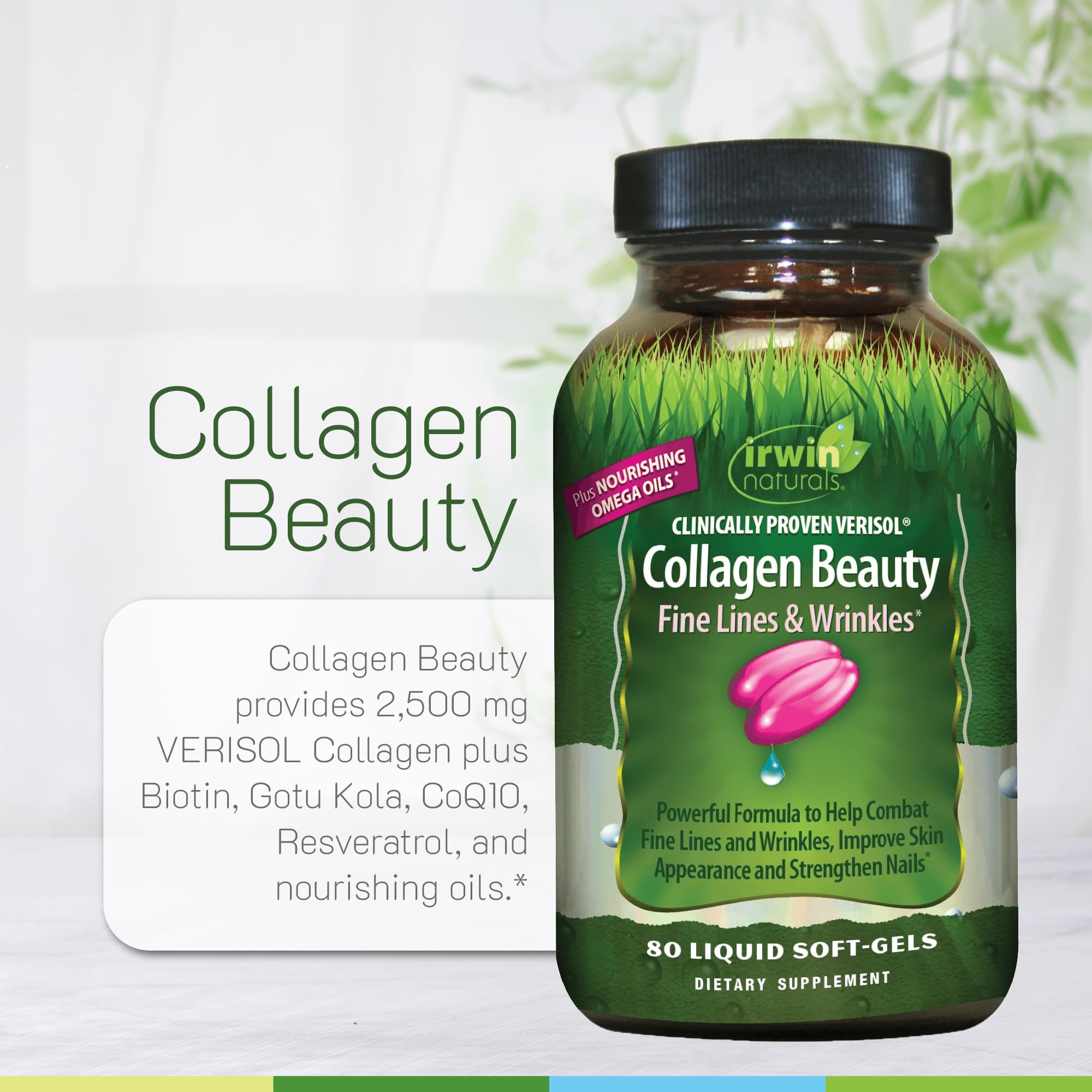 Vanity setup with Collagen Beauty bottle suggesting radiant skin appearance.