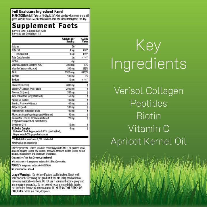 Close-up of Collagen Beauty softgels emphasizes easy swallowing and absorption benefits.