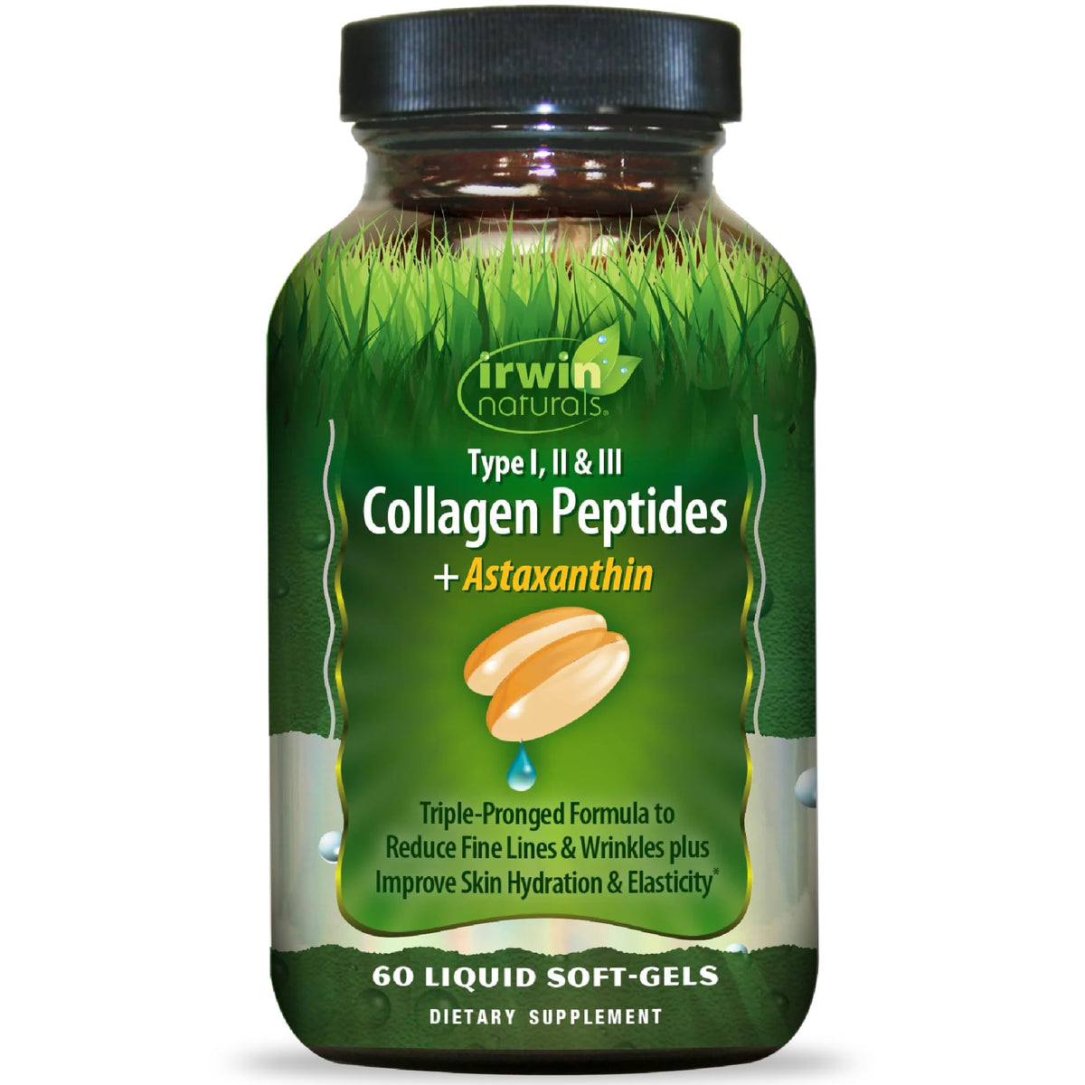Irwin Naturals Collagen Peptides + Astaxanthin bottle highlighting Type I-III collagen for skin and joints.
