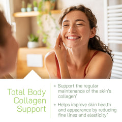 Irwin Naturals Collagen Peptides + Astaxanthin label detail shows ingredients for daily wellness.