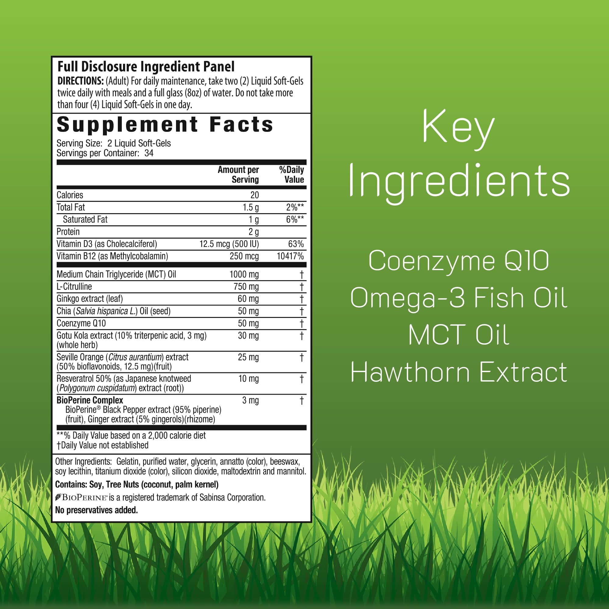 Close-up of Irwin Naturals CoQ10-RED bottle label and ingredients.