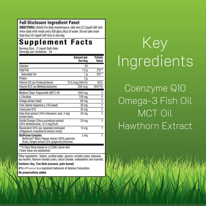 Close-up of Irwin Naturals CoQ10-RED bottle label and ingredients.